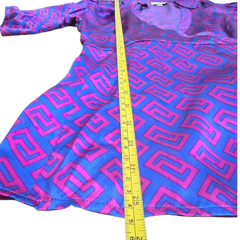 VTG ECI New York 100% Silk Blouse Asymmetric Wrap Geometric Purple Blue Size 14 - Picture 4 of 8
